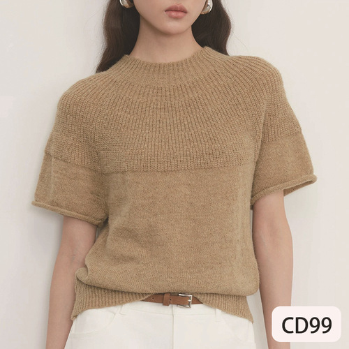 Minimalist style threaded short-sleeved sweater sweater for women's autumn and winter 2026 new style semi-high collar small soft waxy top trend