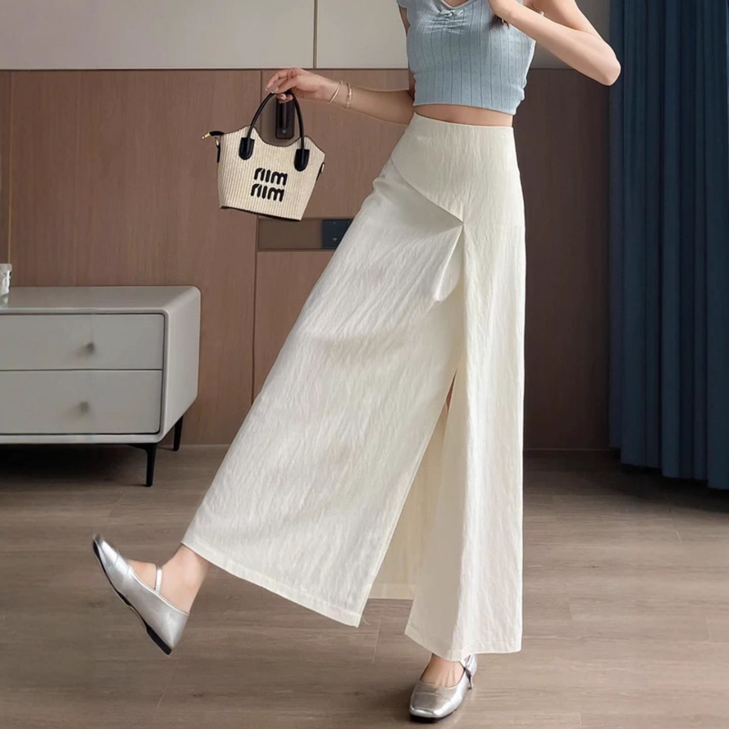 Apricot Irregular Tencel Cotton Linen Skirt Women's Summer Slit Design A-Line High Waist Drapey Hip Covering Long Skirt