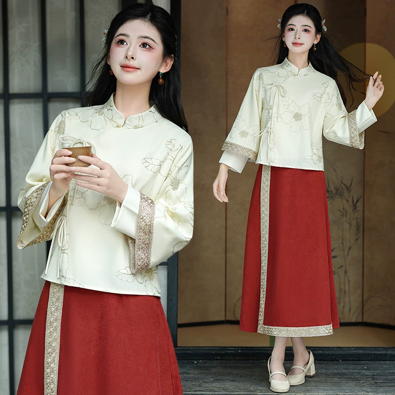 Новый китайский стиль улучшенный девушка Cheongsam топ осень зима 2024 новая вышивка ретро национальное платье из двух частей