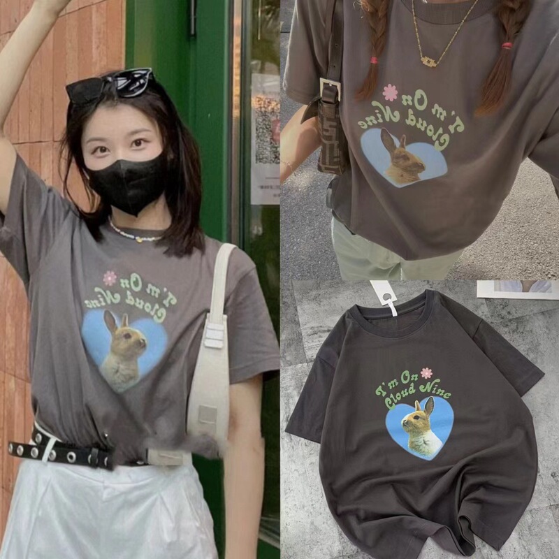 Korean Niche Trendy Brand Man Fgers Shuxin Same Style Heart Bunny Round Neck Short-Sleeved T-Shirt for Women Fashion