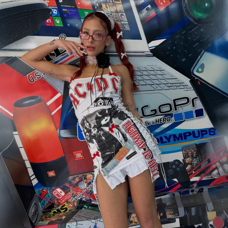 Y2K Hot Girl Style Rock Print Tube Top Dress for Women Summer American Retro Strappy Slim Fit Hip-Hugging Short Skirt