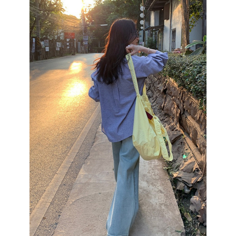 西西 冰蓝椰椰~小个子韩版刺绣蓝条纹衬衫女慵懒风宽松衬衣