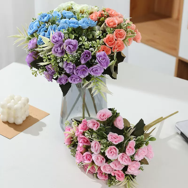 仿真花玫瑰小把花亚马逊爆款客厅餐桌摆设插花花艺摆件假花厂家