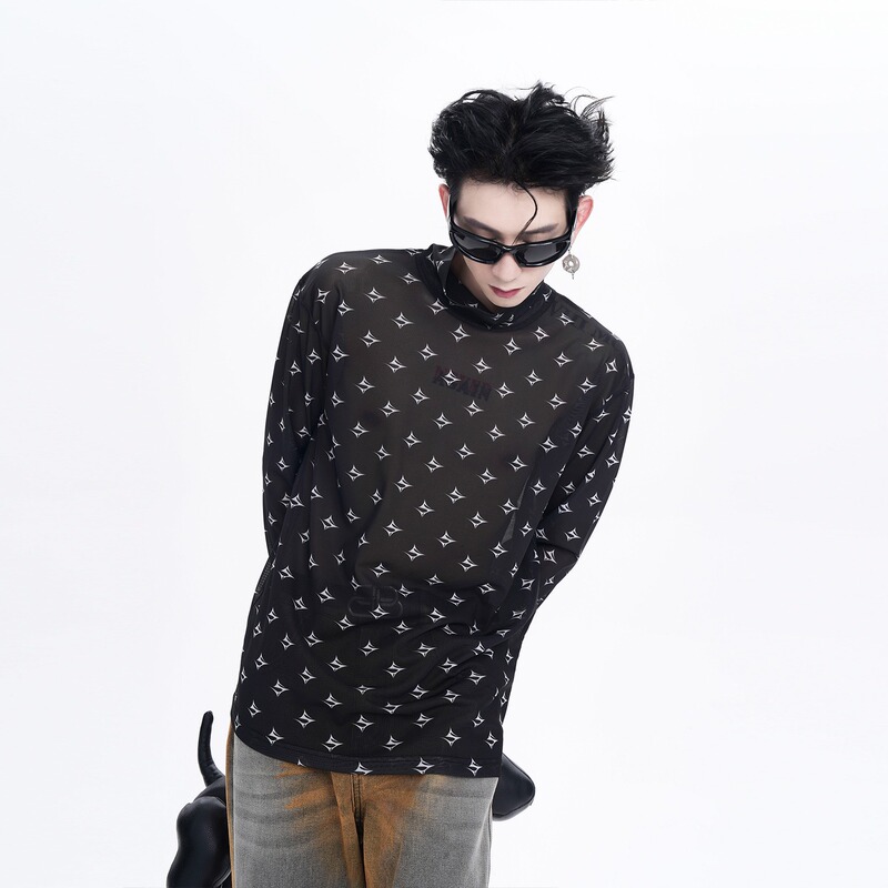 [SHOPEE Explosions] TH Cross-border Original High Neck Double-grain Bead Mesh Southeast Asian Fashion T-shirt