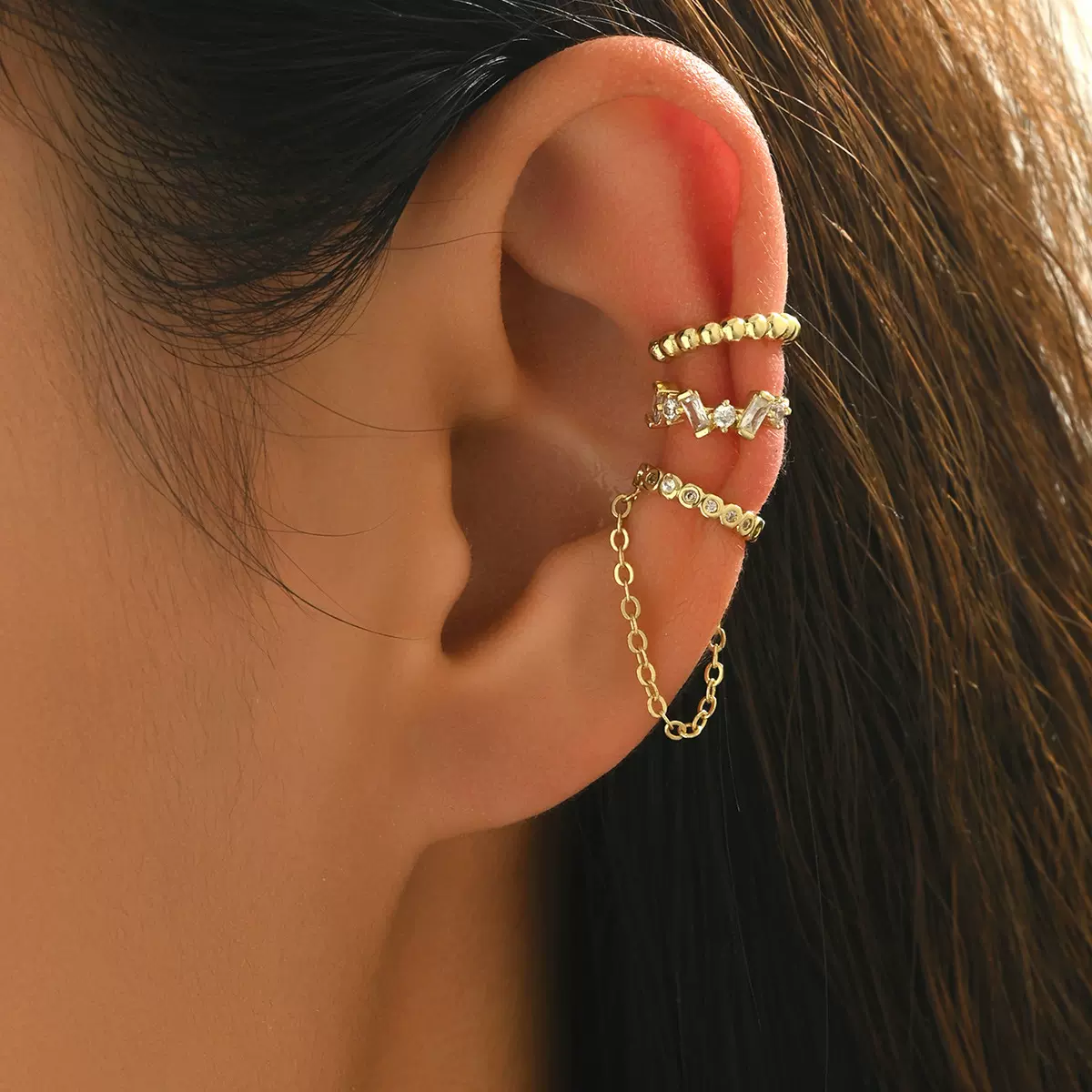 欧美跨境热销女士耳环个性小众链条流苏设计镶钻石耳扣百搭耳饰