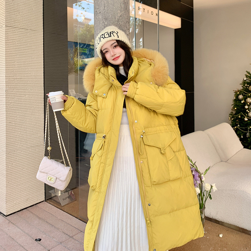 2026新款冬装欧版加大码200斤加厚长款连帽白鸭绒羽绒服女223收腰