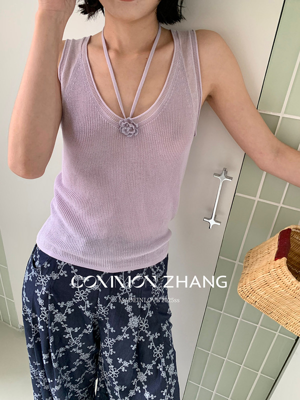 CZ ZHANG夏の韓国版カジュアルで怠惰な純色のバラの首を掛けてベストのニットの女性b 25985|undefined