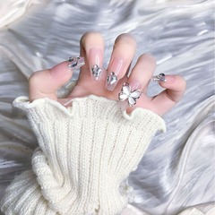 粉色冰透貼鑽蝴蝶高級感網紅爆閃款假指甲純手工穿戴甲光療甲