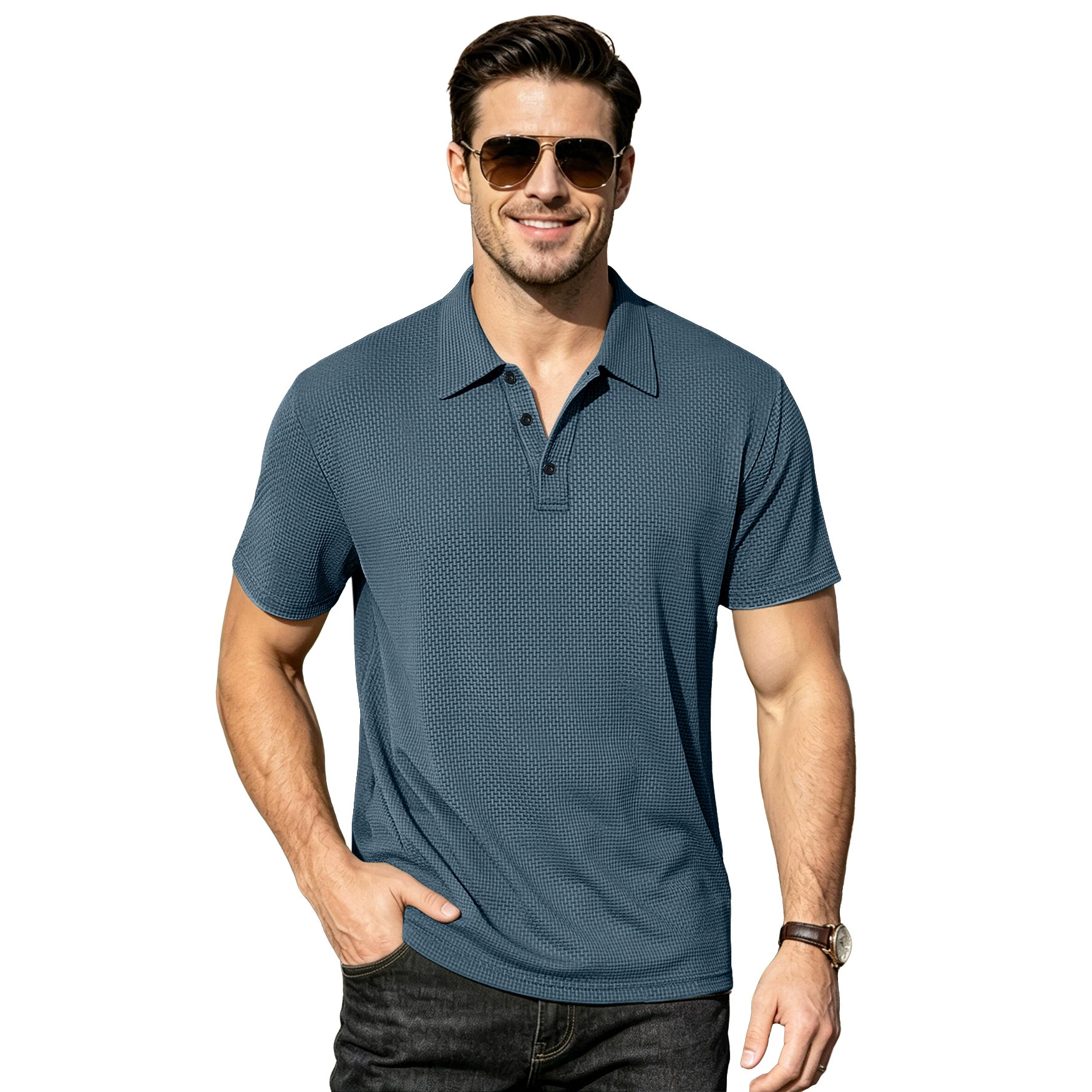 Transfronterizos europeos y americanos ebay verano hombre camiseta de seda de hielo transpirable delgada solapa de color sólido casual americano de manga corta grande