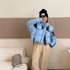 2025冬季小个子撞色连帽羽绒服宽松防风女新款面包服加厚外套潮