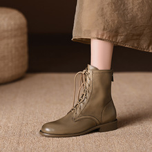 英魅尔法式复古风英伦马丁靴2023秋冬女鞋后拉链系带低筒女短靴