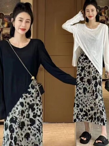 Spring Set Women's 2025 New Fashion Asymmetrical Sun Protection Long Sleeve Top Leopard Print Skirt European Style Two-Piece Set