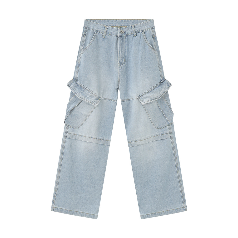 MTLCLOTHES para hombre | 2024 verano nuevo producto deconstrucción de nicho de bolsillo grande azul oscuro jeans de trabajo blanco