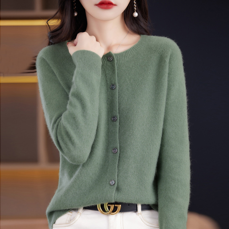 Cárdigan de Punto de Lana para Mujer Lana Cuello Redondo, Manga Larga para Otoño e Invierno