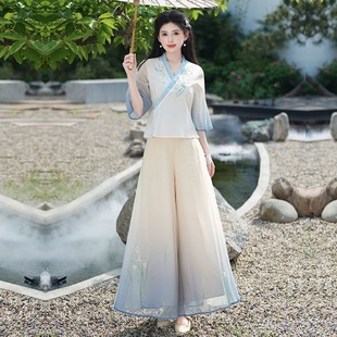 Real Shot New Chinese Modified Tang Suit Hanfu Vintage Collar Oblique Embroidered Cheongsam with Gradient Embroidered Pants suit