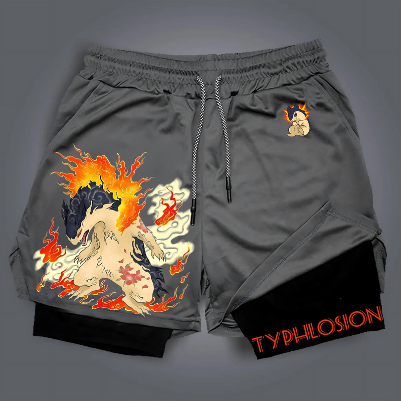 2025 Pokemon Japanese Anime Peripheral Double Layer Shorts Latest Men's Trendy Breathable Loose Sports Shorts