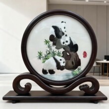 四川蜀绣熊猫手工双面绣屏风摆件中国风特色旅游送老外花梨木摆台