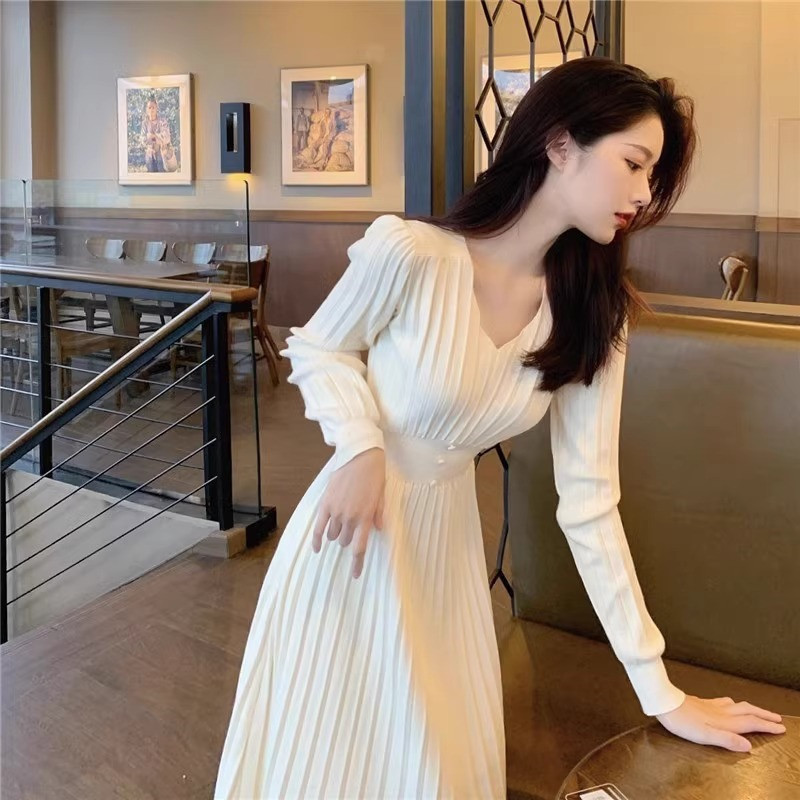 Temperament Goddess Sweater Dress Autumn and Winter French Hepburn Style Waist-Cinching Knitted Dress Women's Bottoming Long Skirt