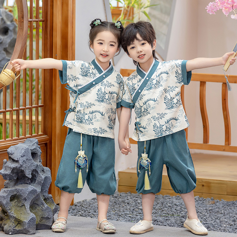 漢服男童夏裝女童唐裝2024新款兒童國風套裝寶寶中式改良演出衣服