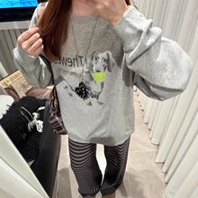 网球狗狗~韩系浅灰圆领卫衣曼巴棉绒衫女秋冬新款百搭休闲ins上衣