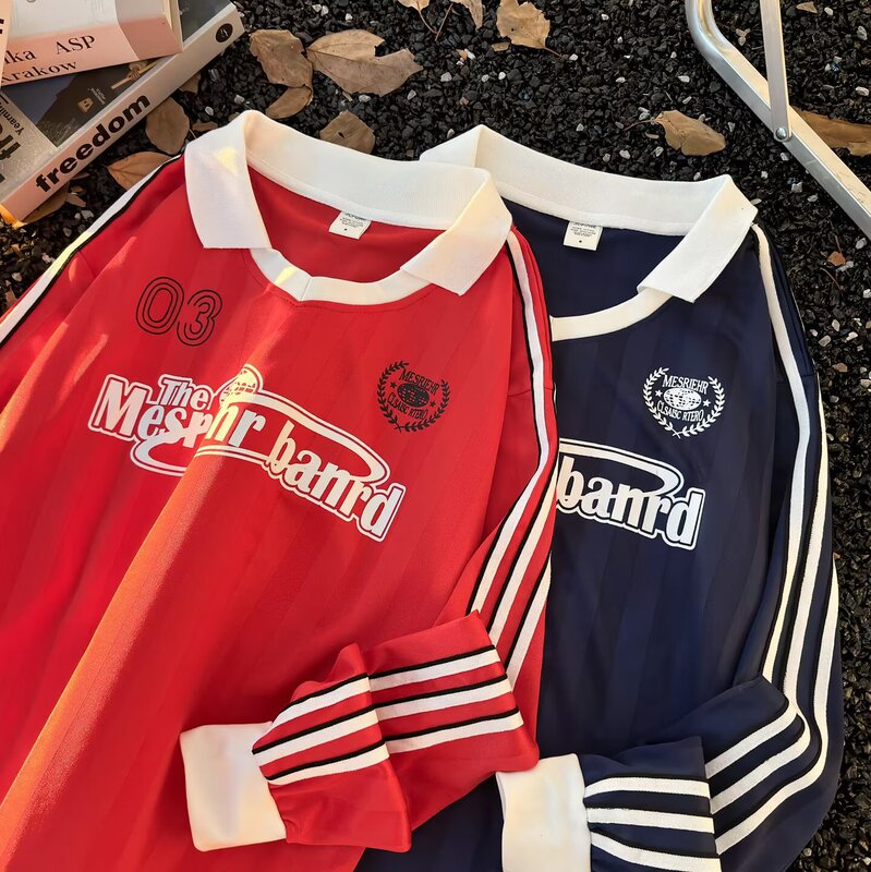 Men's 2025 American Football Jersey Stripesd Letter Sports Loose T-Shirt Long-Sleeved Lapel V Neck Top for Men and Women