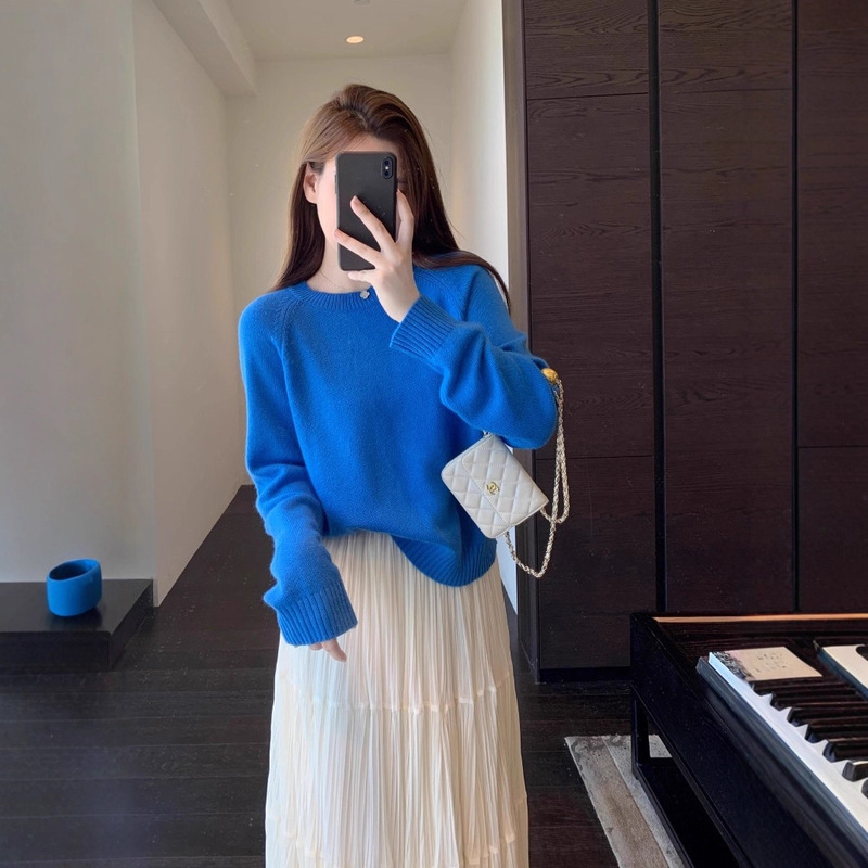 KS99一眼喜欢 温柔显白减龄蓝色显瘦针织衫套头毛衣女秋冬新|undefined