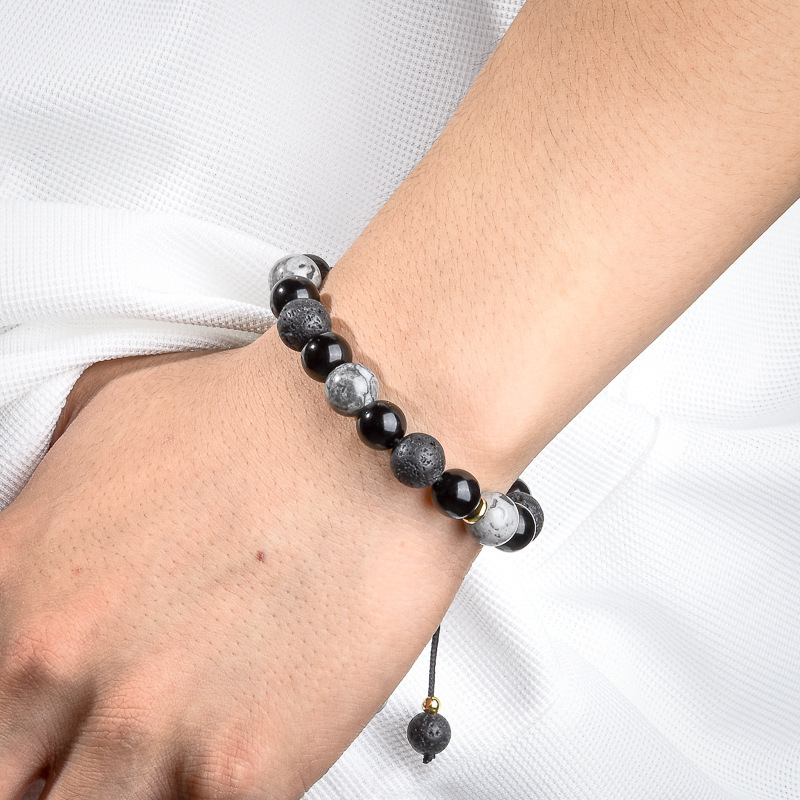 New Style Lava Cube Volcanic Stone Map Woven Bracelet Men's Obsidian Chain Adjustable Bracelet Bracelet