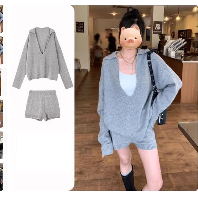 春秋新款慵懒风时尚百搭两件套装V领套头毛衣女针织衫显瘦大码|undefined