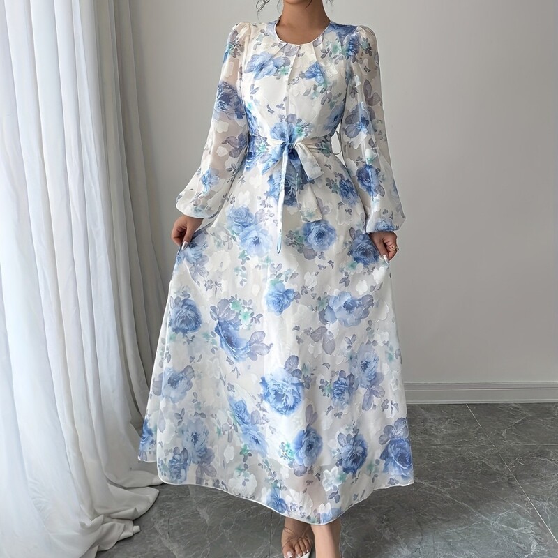 Elegant Blue and White Floral Dress for Women, Round Neck, Long Sleeves, Tie-Waist, Long Dress for Dating, Vacation, and Everyday Wear Elegant Blue and White Floral Dress for Women, Round Neck, Long Sleeves, Tie-Waist, Long Dress for Dating, Vacation, and Everyday Wear
