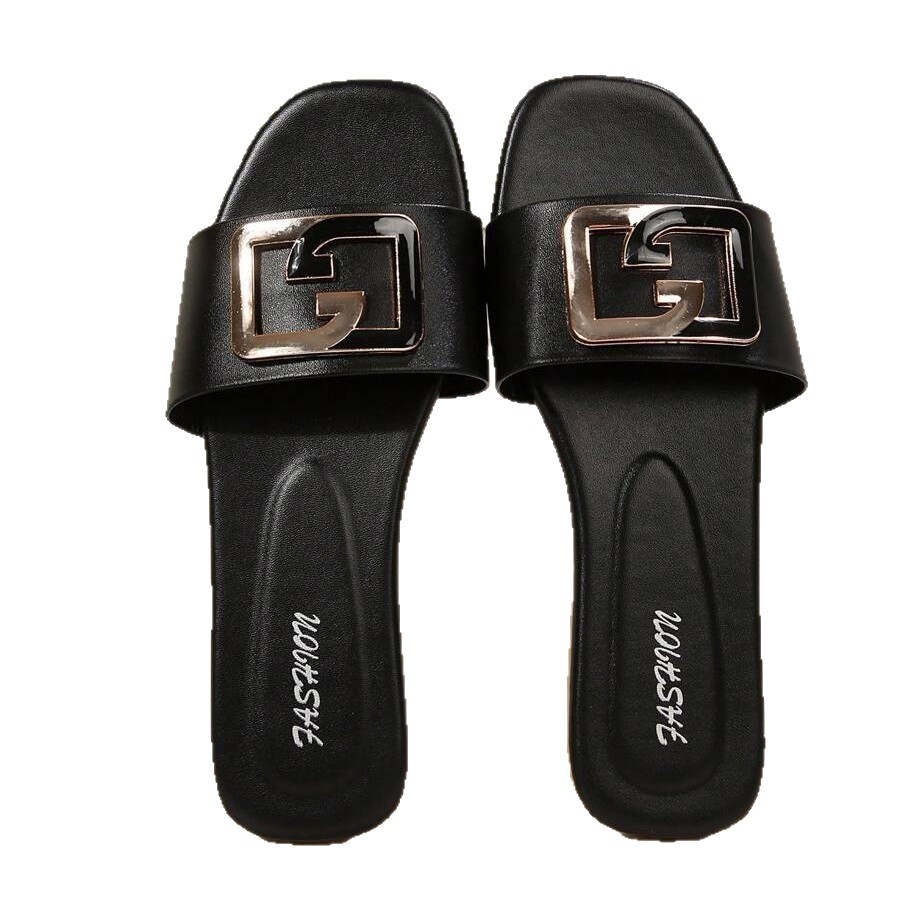 Sandalias Planas con Punta Cuadrada para Mujer de Cuero Sintético con Decoración de Metal para Uso Casual