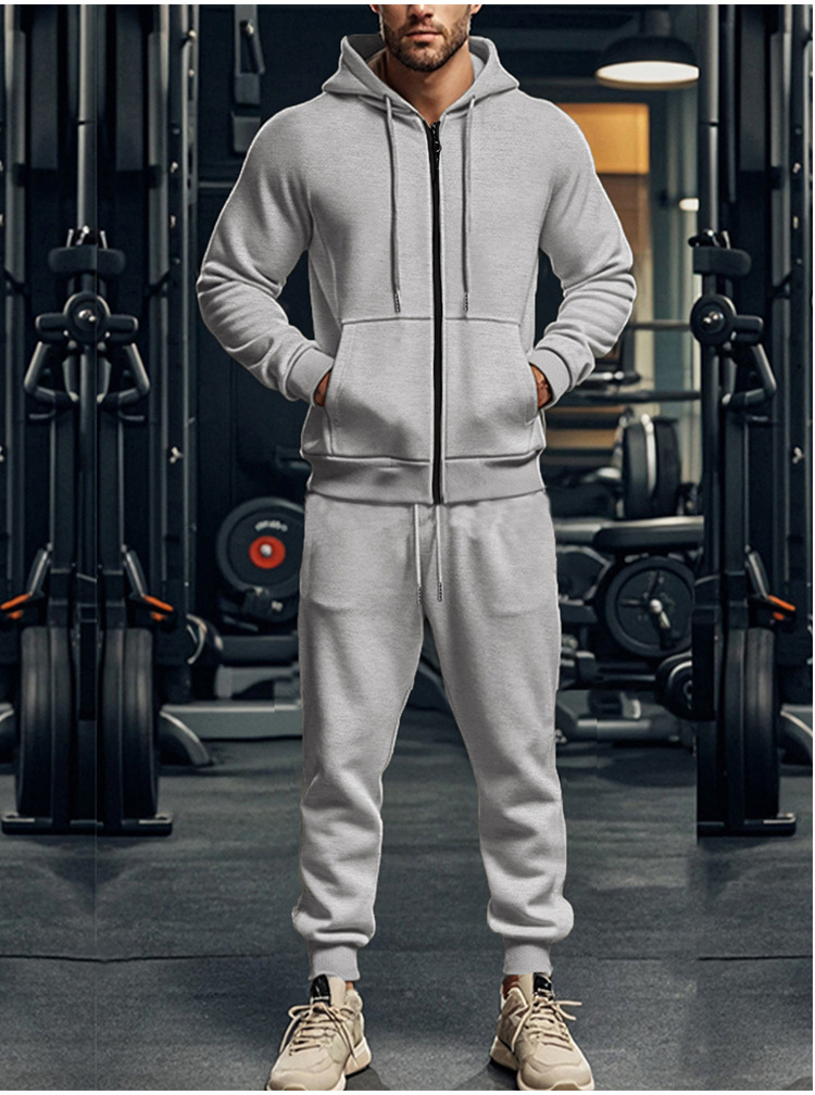 Men's Clothing Men's Heavy Fleece Two Piece Suit Long Sleeved Hooded Sports Leisure Warm Autumn Set Solid Color_viptrois.com