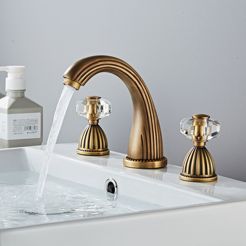 All-copper three-hole installation washbasin faucet, antique brushed finish for powder room, bathroom cabinet basin faucet with dual hot and cold handles All-copper three-hole installation washbasin faucet, antique brushed finish for powder room, bathroom cabinet basin faucet with dual hot and cold handles