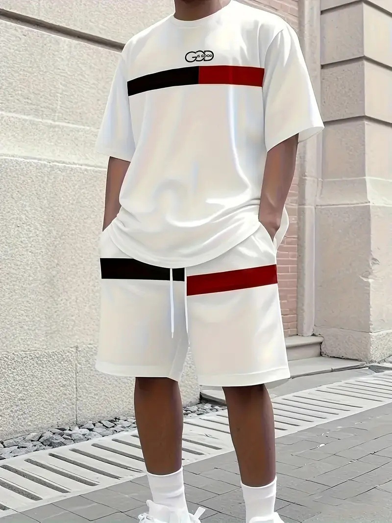 Men's Summer Gradient Letter 3D Digital Print T-Shirt And Shorts Set Trendy Casual Basic Comfortable Two-Piece Outfit_viptrois.com