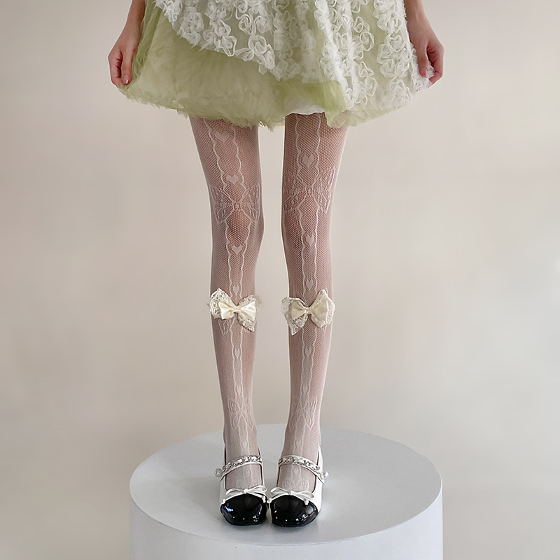 Medias blancas puras desean arco amor hueco primavera y verano delgada pantalones Lolitajk sexy Jacquard