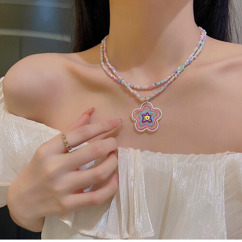 Double-layered stacked sweet and cool style necklace, cute heart-shaped star pendant, girlish floral colorful beaded necklace accessory