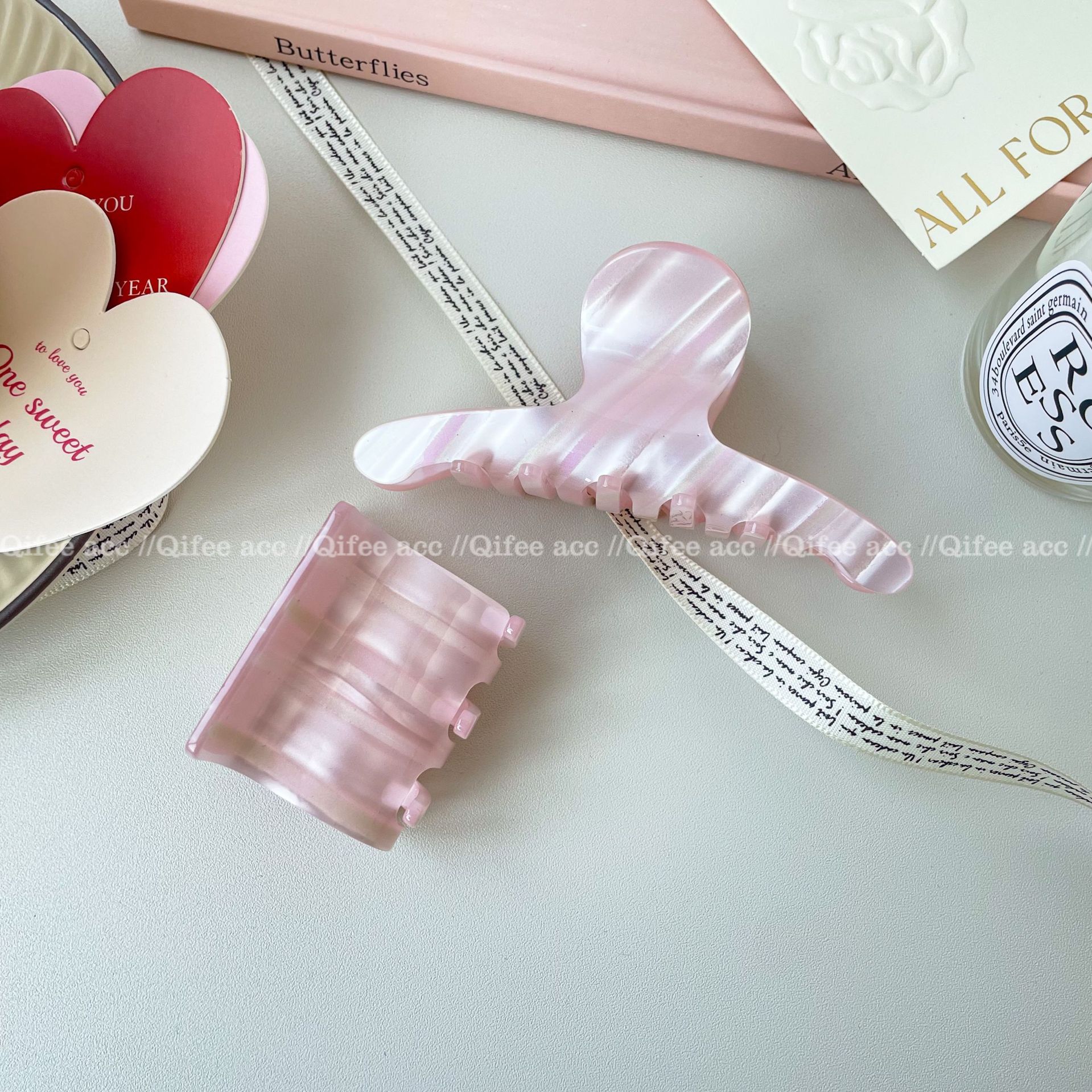 韓系INS小眾粉色冰淇淋幻彩氣質絲帶盤發醋酸抓夾2023新款