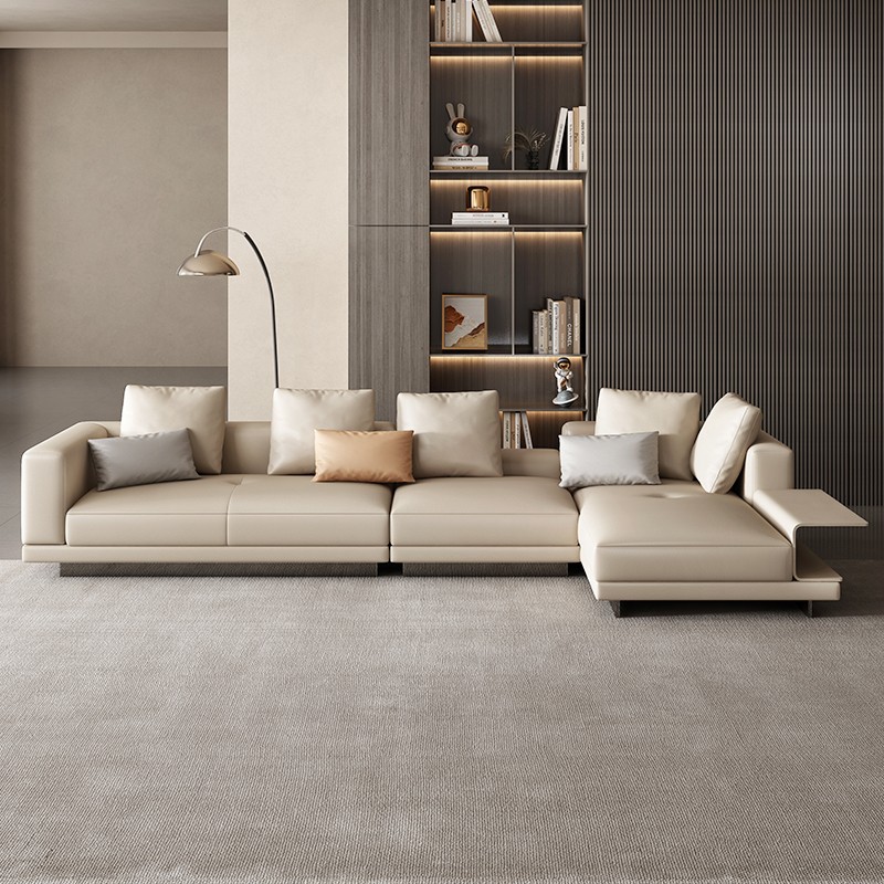 Primera capa de piel de vaca Connery sofá fila recta sofá de cuero de lujo ligero de tres asientos moderna sala de estar simple apartamento grande y pequeño