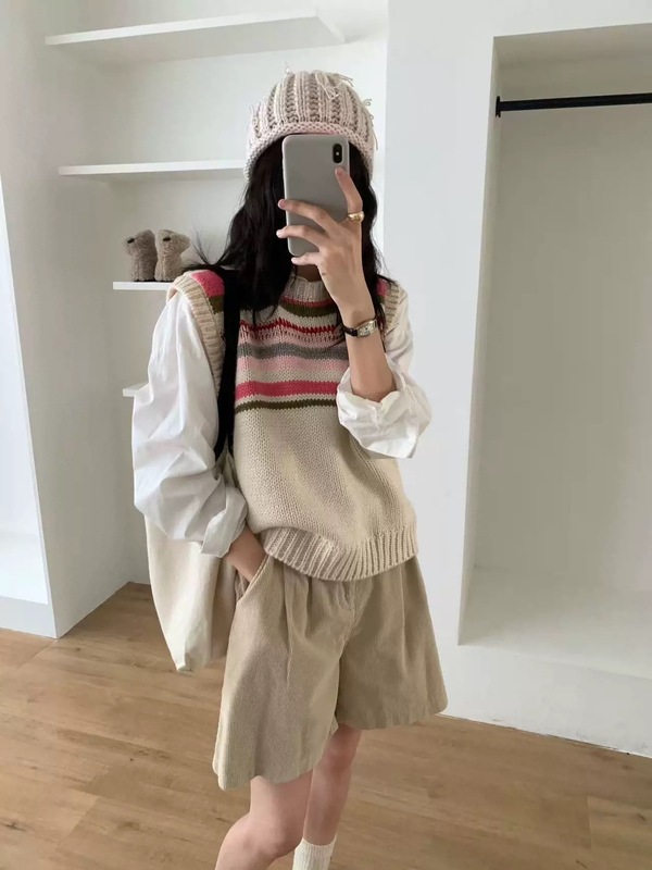 韩系圆领彩虹条纹女2025年秋冬新款女装时尚拼接针织衫简约高级感|undefined