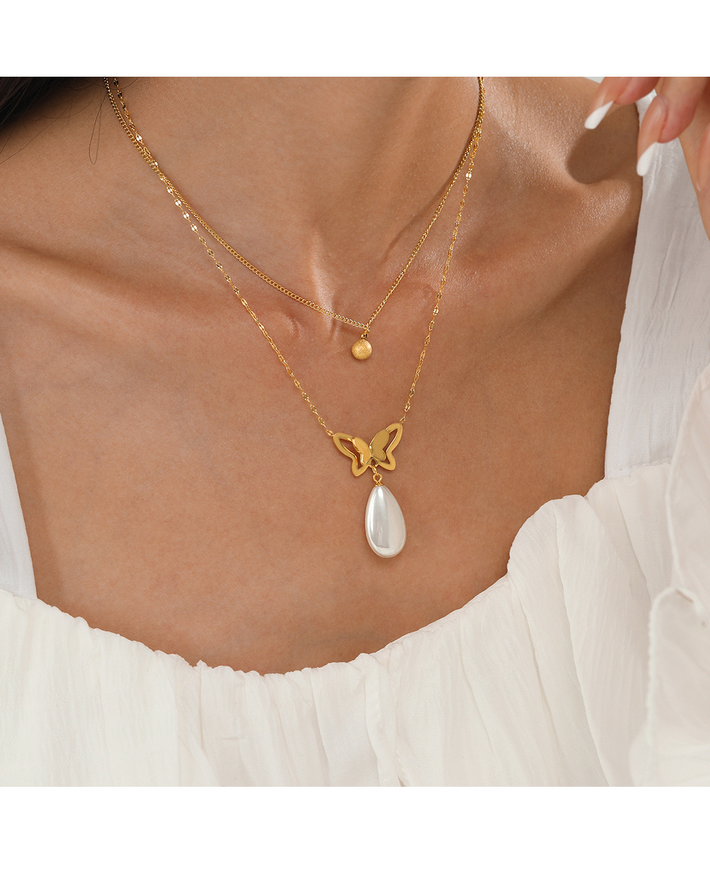 Fashion Butterfly Stainless Steel Plating Artificial Pearls Layered Necklaces