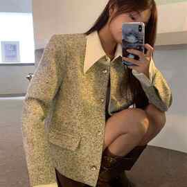 2026秋冬韩系假两件拼接翻领小香风外套女有內里加垫肩