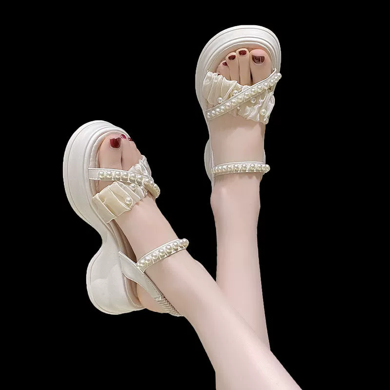 Sandals, summer fashionable footwear platform from pearl, internet celebrity, 2024 years, soft sole