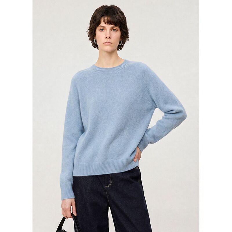 "White Dew" Seamless Wool Cashmere Crew Neck Fuzzy Sweater, Loose and Soft Base Layer, Warm Knit Sweater for Winter