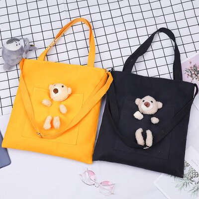 lovely Little Bear student canvas Bag Korean Edition ins Versatile capacity Solid color One shoulder Shoulder bag