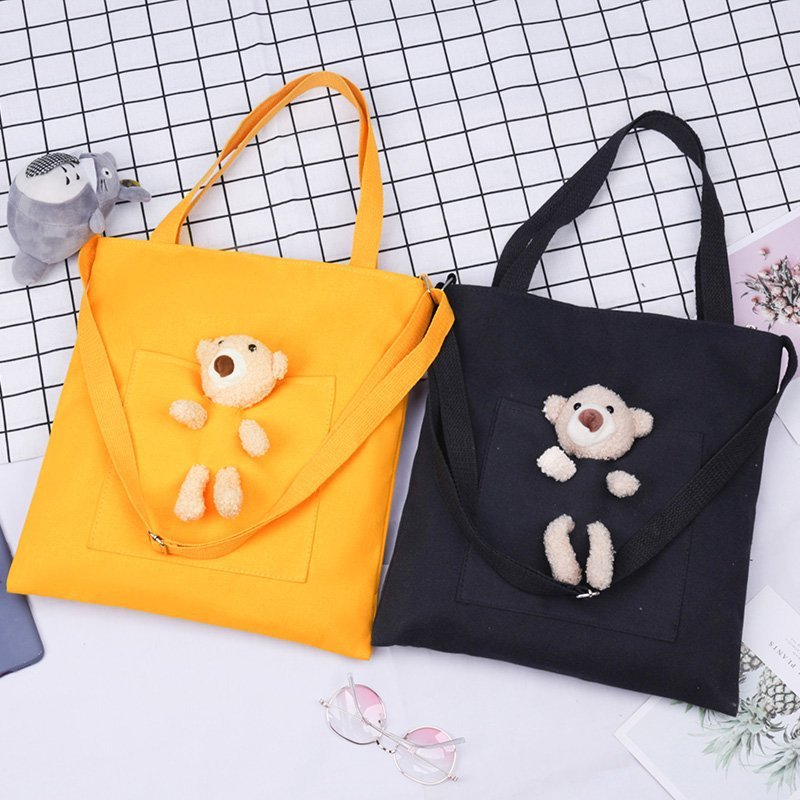 lovely Little Bear student canvas Bag Korean Edition ins Versatile capacity Solid color One shoulder Shoulder bag