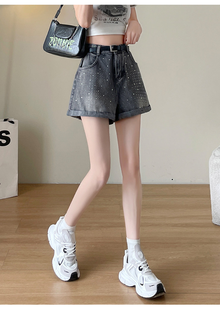 Quần short jean nữ lưng cao, ống rộng, viền chữ A, kiểu mới mùa hè — Xám đen với thắt lưng chi tiết 24
