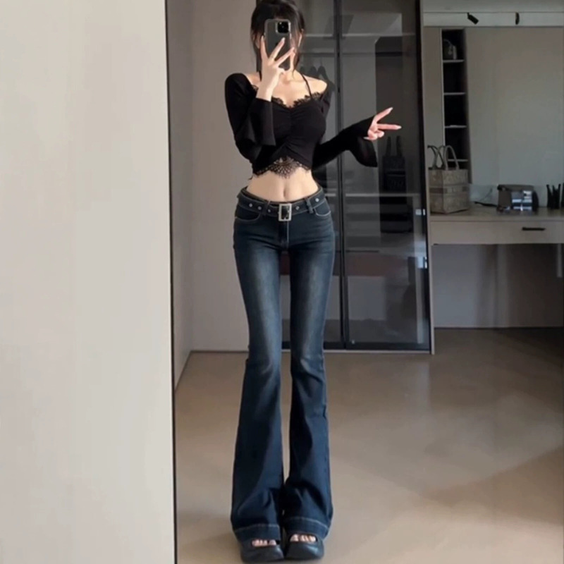 Dark blue low-waist slim-fit micro-flare jeans for women, autumn and winter, fleece-lined, for tall women, slimming, extra-long 170cm floor-length pants Dark blue low-waist slim-fit micro-flare jeans for women, autumn and winter, fleece-lined, for tall women, slimming, extra-long 170cm floor-length pants
