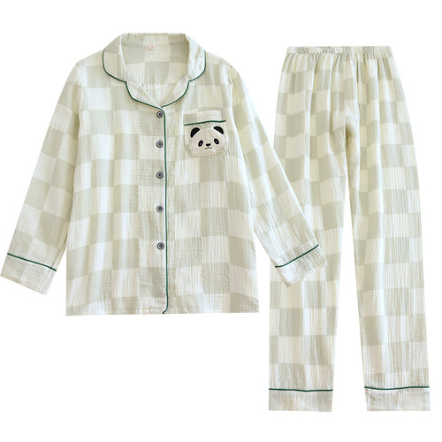  New Spring and Autumn Pure Cotton Yarn Couple Checkered Pajamas Cute Panda Long Sleeves and Pants Home Clothing Set