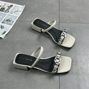 Women's Shoes 2024 Summer New All-match Square Toe Open Toe Rhinestone Mid-heel Cyber Celebrum Sandals and Slippers Half Slippers