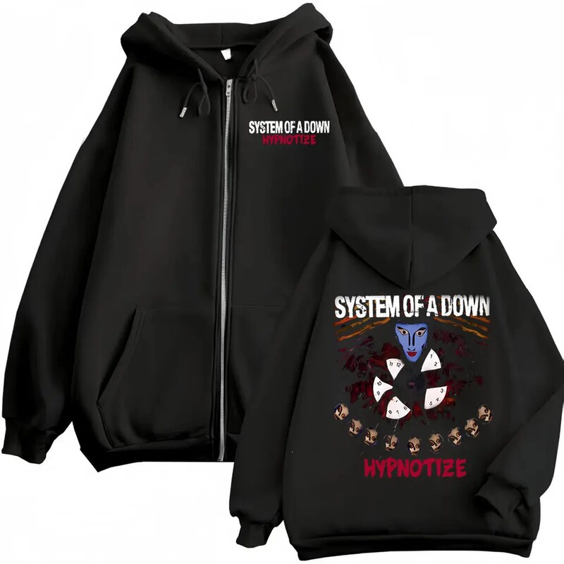 A hypnotic graphic zipper hoodie from the rock band system, a fashionable retro zip-up pullover for men