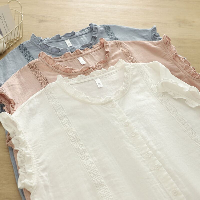 Direct Sale from the Manufacturer: Japanese-Style Sweet Ruffled Collar Pure Cotton Sleeveless Women's Shirt with Double-Layer Gauze Lace Splicing